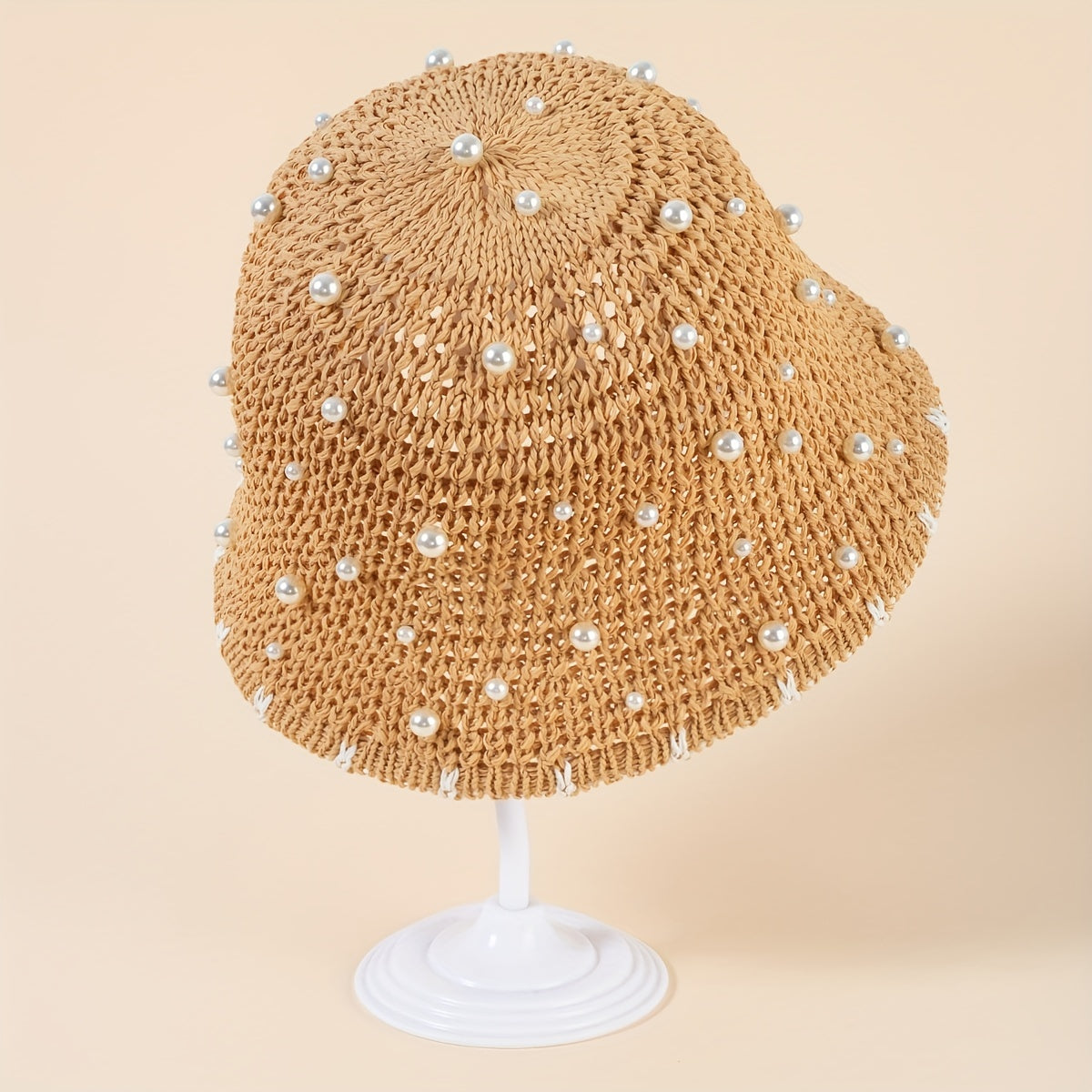 Faux Pearl Decor Bucket Hat Brown Hollow Out Basin Hat Crochet Breathable Cloche