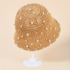 Faux Pearl Decor Bucket Hat Brown Hollow Out Basin Hat Crochet Breathable Cloche