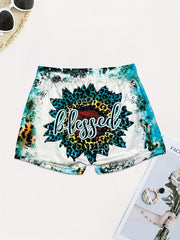 Letter & Sunflower Print Skinny Shorts Casual Shorts
