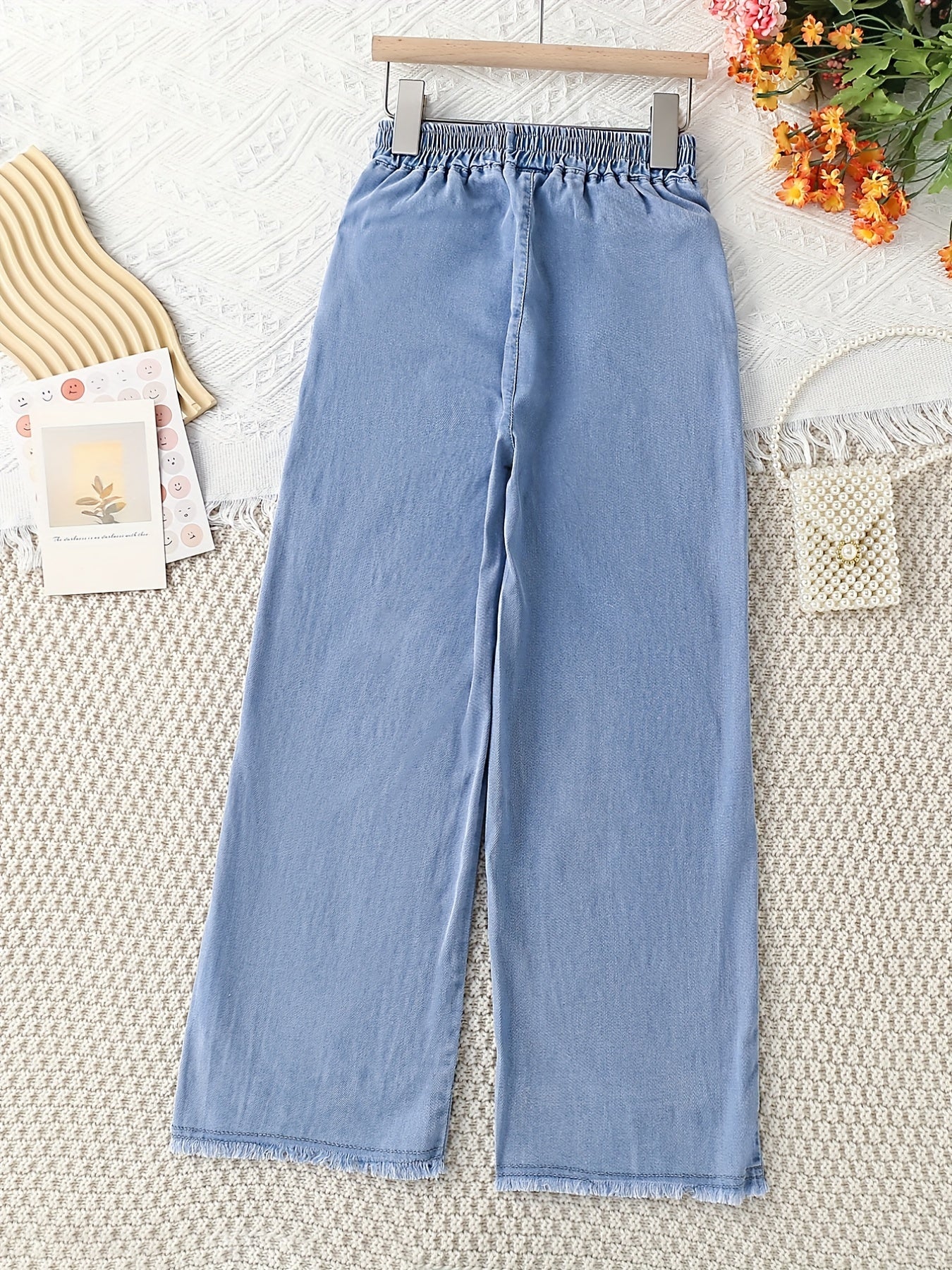 Girls Velvet Wide Leg Jeans with Drawstring Waist