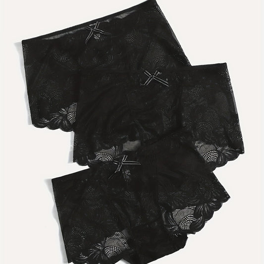 3 Pack Plus Size Panties Set Women's Plus Floral Lace Bow Detail