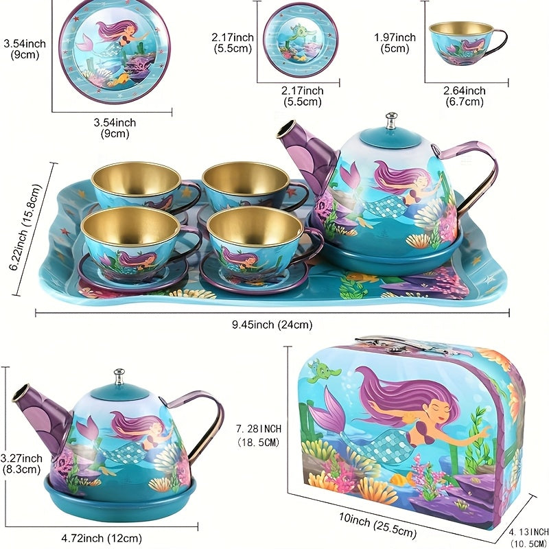 15pcs Mermaid Tea Party Set for Little Girls Pretend Tin Teapot Set