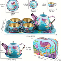 15pcs Mermaid Tea Party Set for Little Girls Pretend Tin Teapot Set