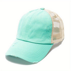 Ripped Ponytail Baseball Cap Washed Distressed Block Sun Hat