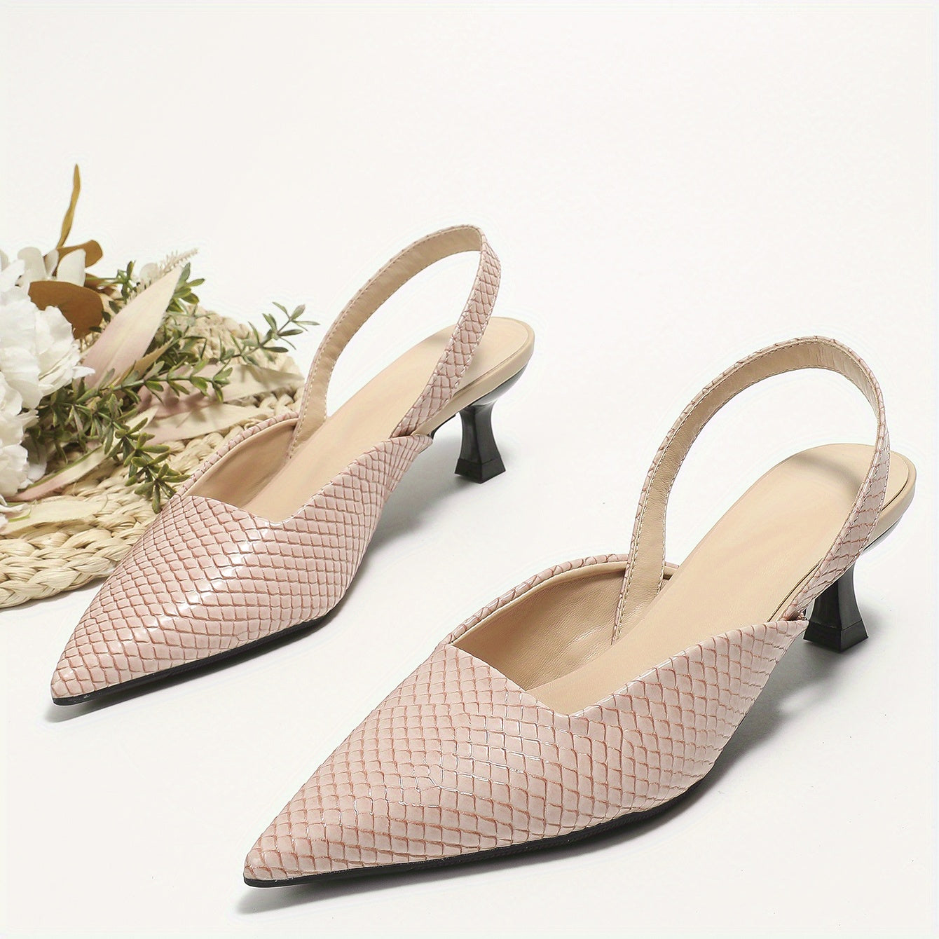 Snakeskin Pattern Kitten Heels Pointed Toe Slingback Sandals