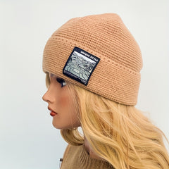 Classic Label Patch Beanie Thick Warm Knit Hat Solid Skull Cap Soft Lightweight