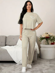 Smile Print Pajama Set Short Sleeve Tee Top & Pants Women's Sleepwear
