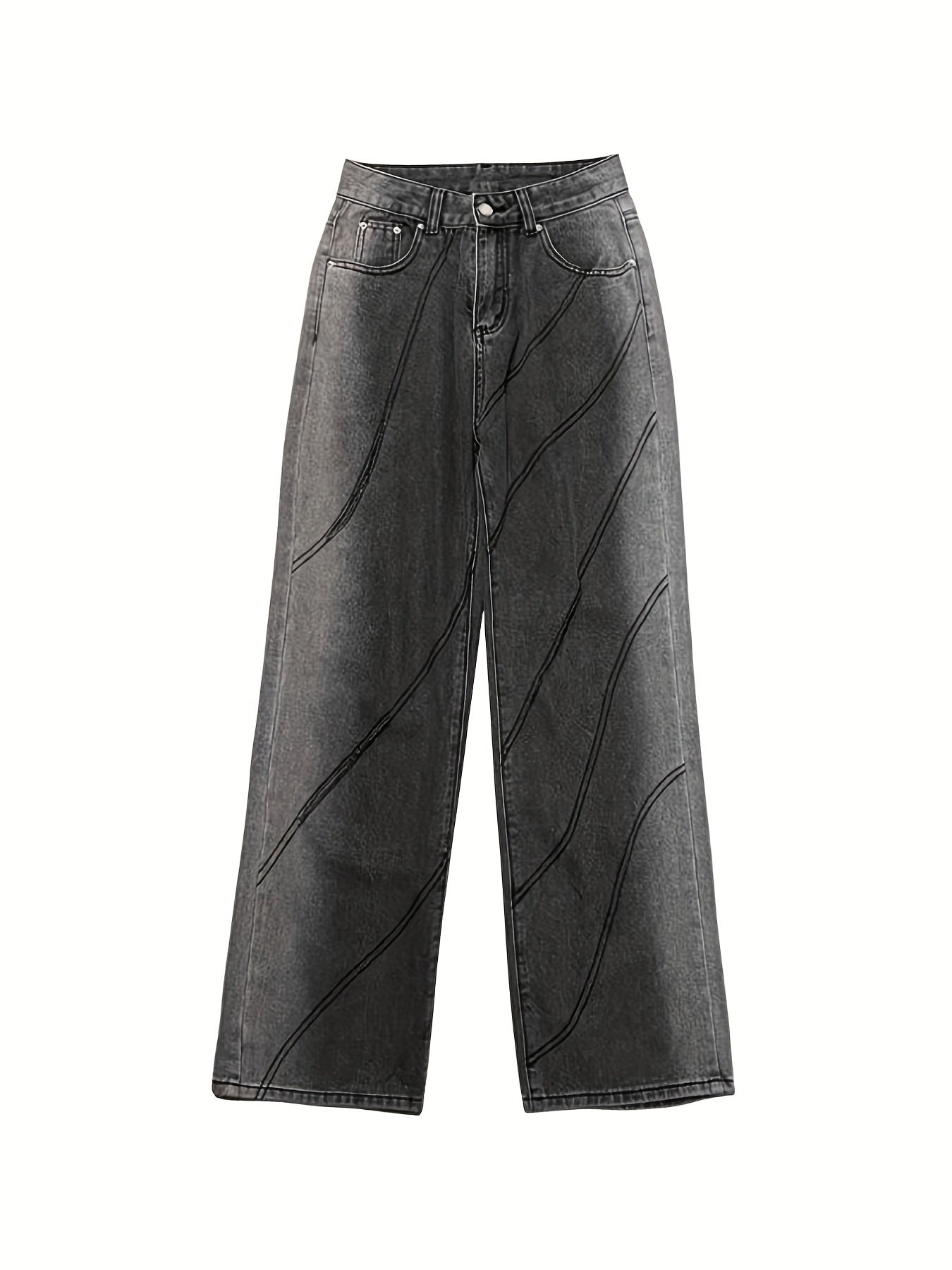Cut Out Stitching Detail Wide Leg Jeans Dark Grey