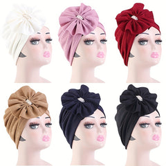 Rhinestone Bow Decor Turban Cap Solid Pleated Hijab Head Wrap