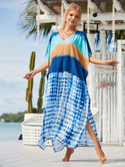 Tie Dye V Neck Kaftan Cover Up Dress Loose Fit Maxi Length Beach Coverup