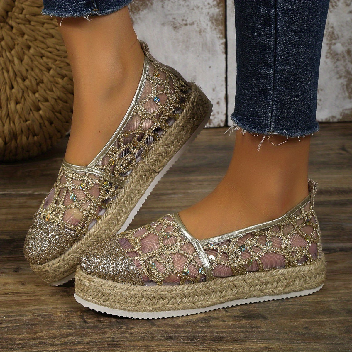 Women's Glitter Platform Espadrille Loafers Slip On Shoes