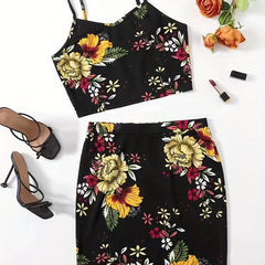 Floral Print Two Piece Set Cami Top & Hip Skirt Outfit