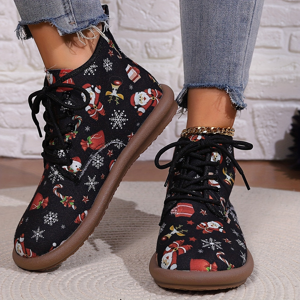 Christmas Lace-up Front Ankle Boots for Women