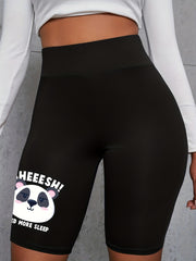 Casual Shorts Women's Plus Panda & Letter Print High Rise Biker Shorts