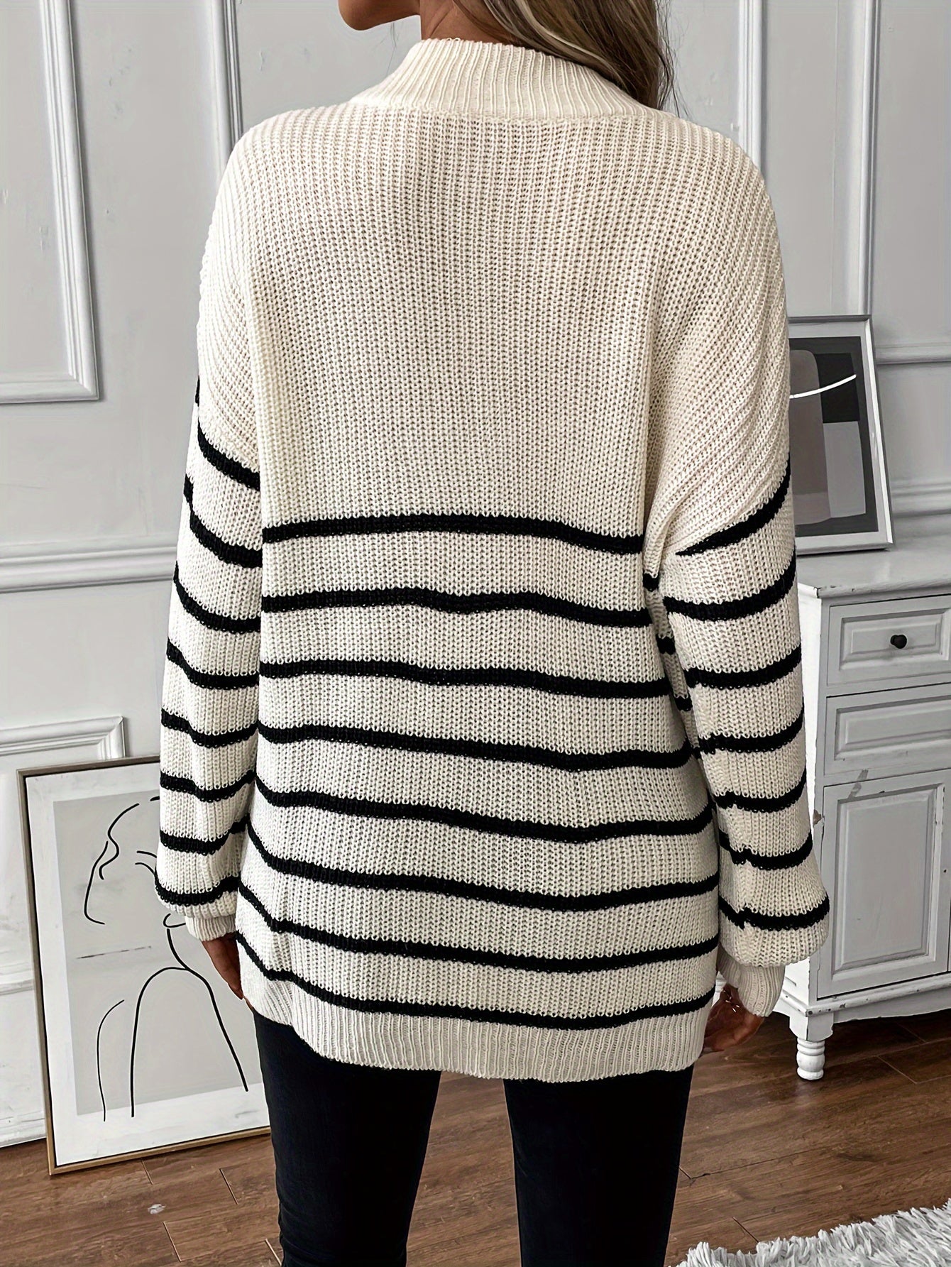 Striped Print Knit Sweater Long Sleeve Women's Clothing