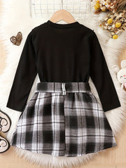 Baby Girls Cat Face Top & Plaid Skirt Set