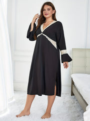 Nightdress Women's Plus Contrast Lace Trim V Neck Sleep Dress