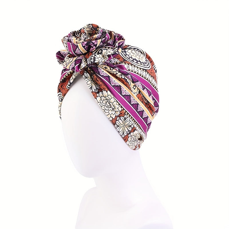 Boho Flower Decor Turban Cap Printed Bonnet Head Wrap Scarf Beanie