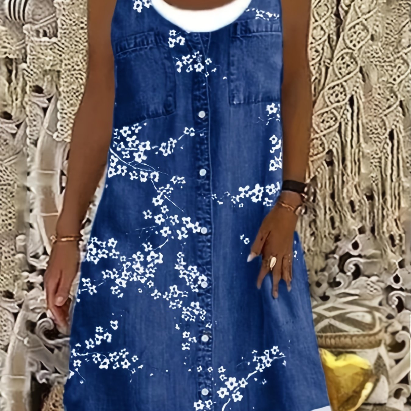 Colorblock Denim Print Tank Dress Round Neck