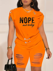 Casual Spring/Summer Set: Letter Print Tee & Ripped Shorts