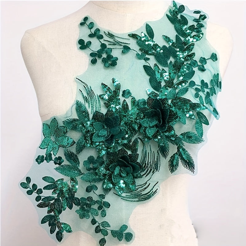 Green Purple 3D Flowers Sequins Embroidery Lace Trims Mesh Sew On Patch