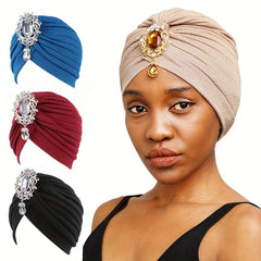Crystal Pendant Decor Turban Cap Bonnet Head Wrap Elastic Beanie