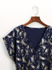 Casual Blouse Women's Plus Allover Print V Neck Asymmetrical Blouse