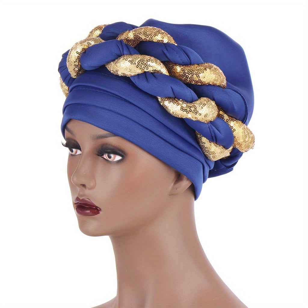 Sequins Braided Twist Turban Block Beanie Head Scarf Ramadan Head Wrap
