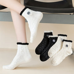 4 Pairs Textured Ruffle Socks Embroidery Short Socks
