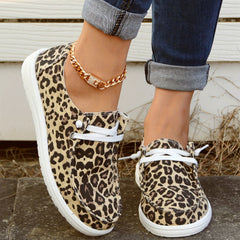 Leopard Print Boat Shoes Lace Up Flat Canvas Shoes