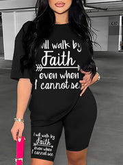 Faith Letter Print Two piece Set Crew Neck Half Sleeve Casual T shirt & Workout