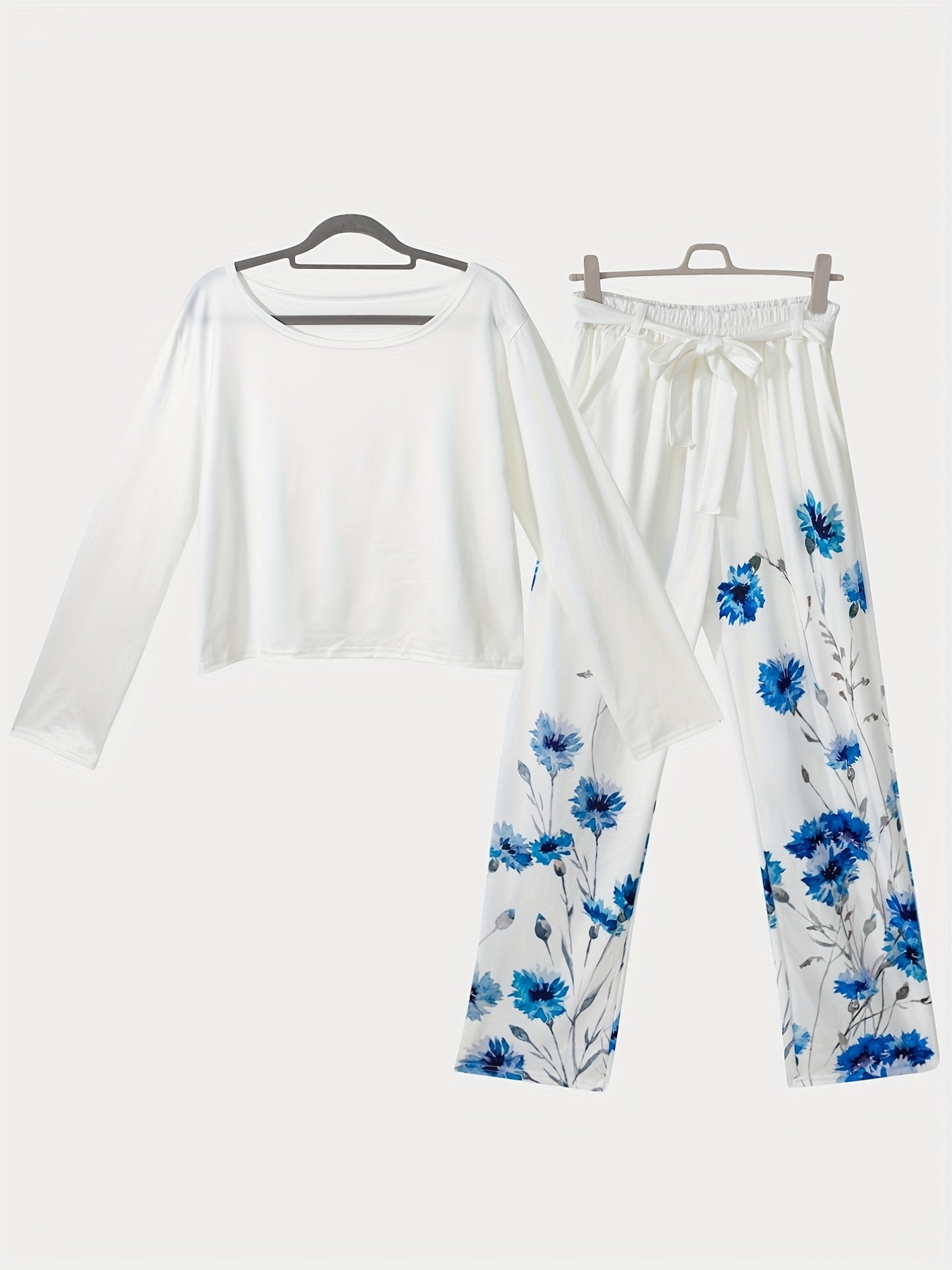 Floral Print Two piece Set Crew Neck Long Sleeve Top & Tie waist Pants