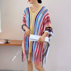 Colorful Striped Tassel Beach Cover Up V Neck 3/4 Sleeve Loose Cape