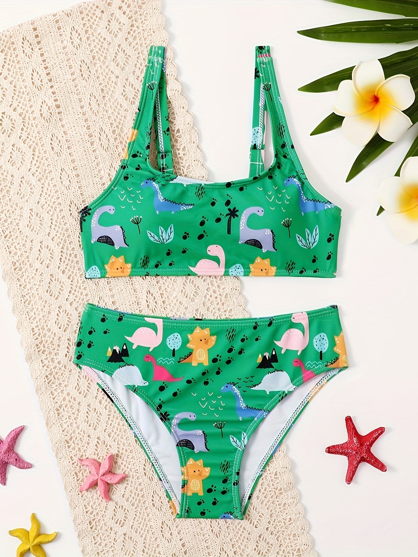 2pcs Dino Pattern Swimsuit For Girls Summer Hawaii Vacation
