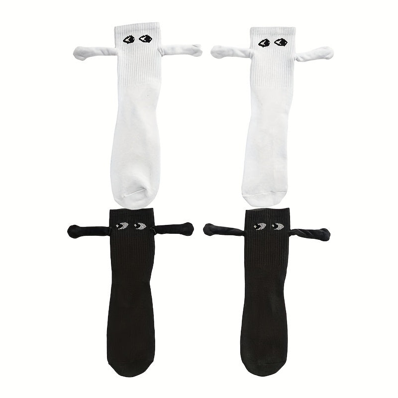 2-Pairs Couple Creative Mid-Calf Socks with 3D Magnetic Hand Holding Dolls