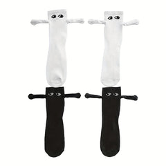 2-Pairs Couple Creative Mid-Calf Socks with 3D Magnetic Hand Holding Dolls