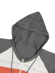 Colorblock Zipper Hooded Coat Long Sleeve Eyelet Embroidered
