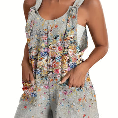 Floral Print Pocket Front Romper Casual Sleeveless Wide Leg Romper