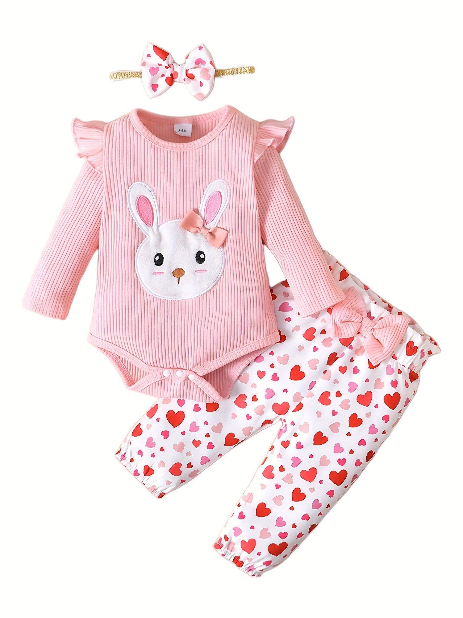 Baby Girl 3pcs Outfit Rabbit Graphic Romper & Trousers Set With Headband