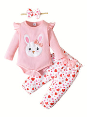 Baby Girl 3pcs Outfit Rabbit Graphic Romper & Trousers Set With Headband