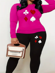Women's Plus Poker Print Long Sleeve Round Neck Top & Leggings Set