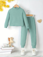 Girl's Solid 2pcs Top & Ribbed Pants Set for Spring Fall