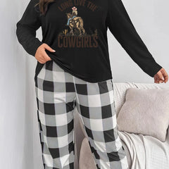 Women's Plus Cowboy & Letter Print Long Sleeve Pajama Set