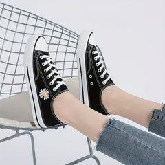 Women's Daisy Embroidered Canvas Sneakers Lace Up Flat Shoes