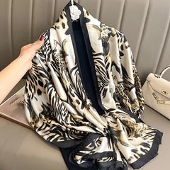 Leopard Print Satin Scarf Classic Oil Painting Pattern Shawl