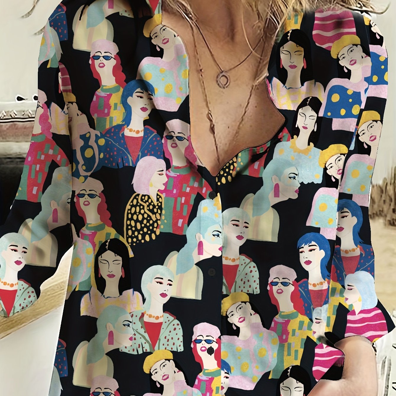 Figure Print Button Up Long Sleeve Blouse