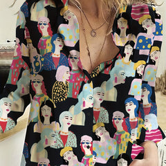 Figure Print Button Up Long Sleeve Blouse