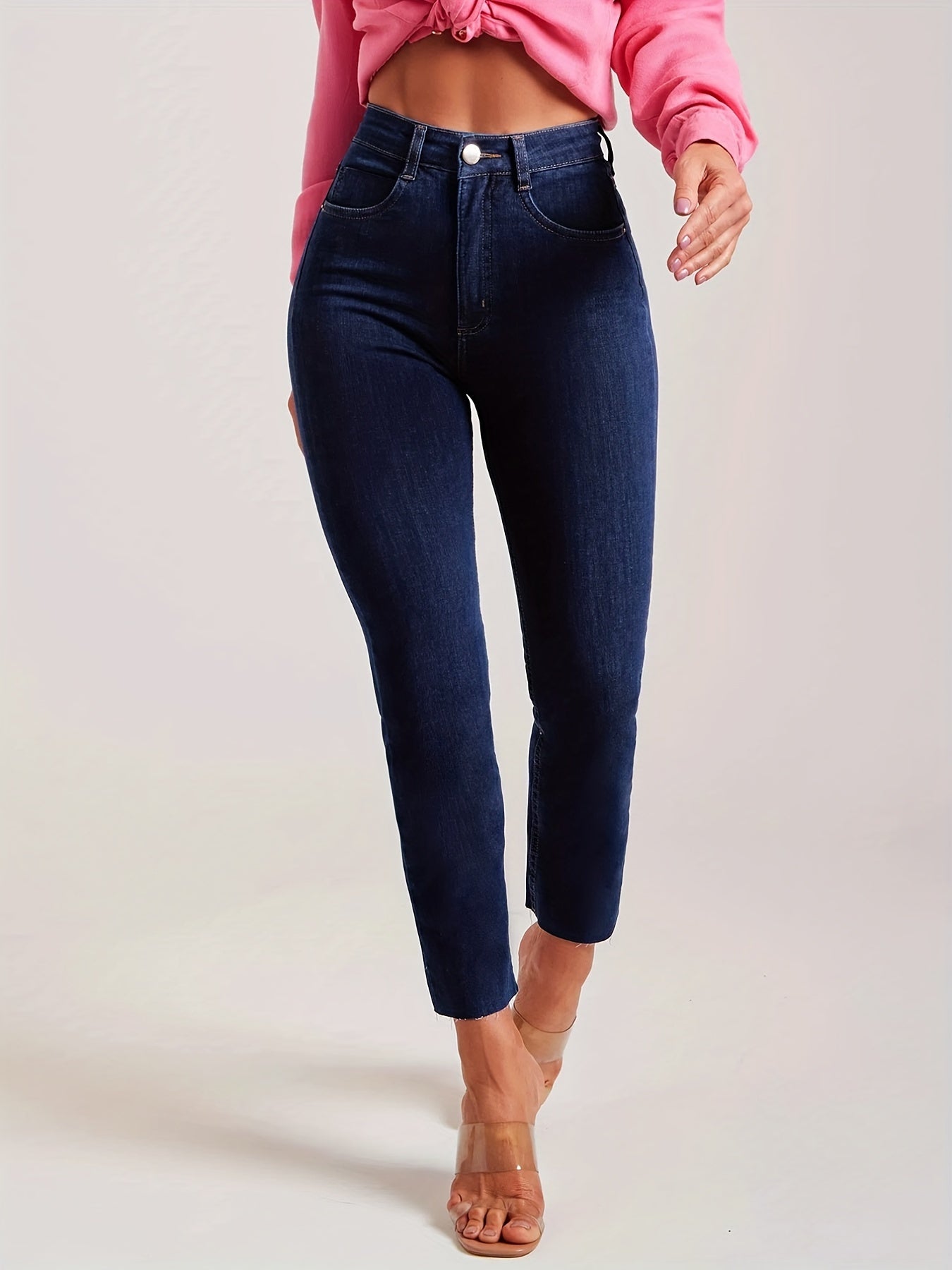 Medium Stretch Slim Fit Cropped Jeans Solid Washed Denim Pants
