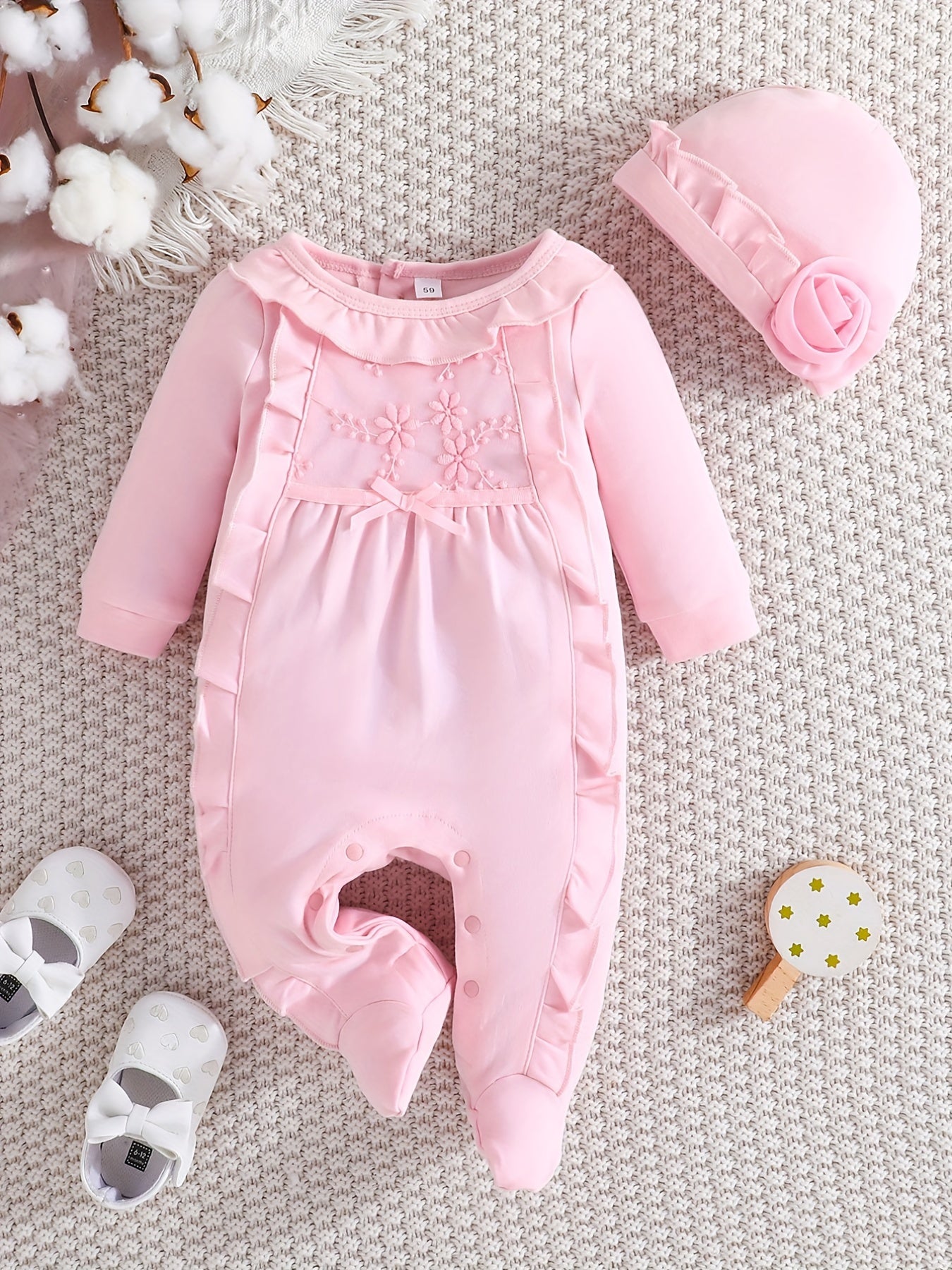 Baby Girl's Romper Ruffle Crew Neck Jumpsuit & Hat Set