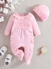 Baby Girl's Romper Ruffle Crew Neck Jumpsuit & Hat Set